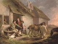 A game keeper with other figures, dogs and a horse outside the Red Lion inn at sunset - George Morland