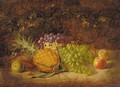 Apples, a pineapple, and grapes in a wicker basket, on a mossy bank - George Lance