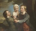 Group Portrait Of Three Children, Three-Quarter-Length, In A Wooded Landscape, The Eldest Holding A Peach - George Knapton