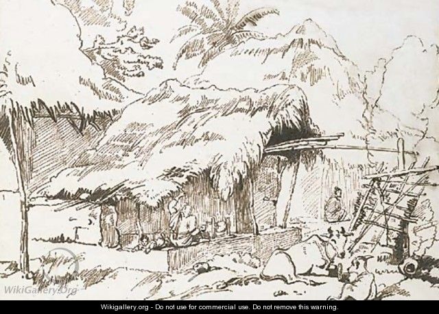 Indian figures and cattle outside a hut - George Chinnery