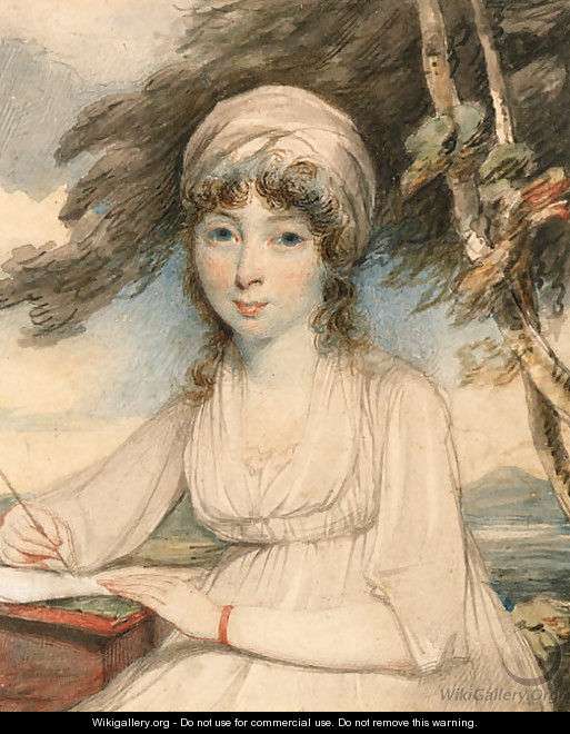 Portrait of a young lady, three-quarter-length in a white turban, wearing a white dress holding a pen in her right hand, seated in a wooded landscape - George Chinnery