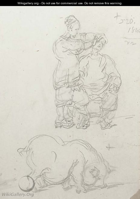 A Chinese barber at work and a study of a pig - George Chinnery