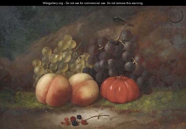 Grapes, blackberries, peaches and a tomato on a mossy bank - George Crisp