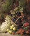 Strawberries, apples, plums, and grapes in a wicker basket, on a mossy bank - George Clare