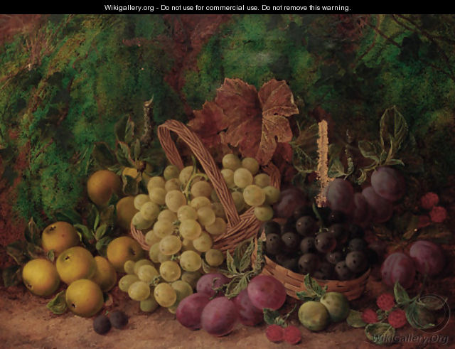 Red and white grapes, plums, raspberries, quinces and greengages on a mossy bank - George Clare