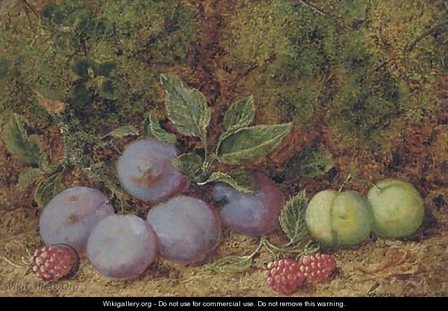 Plums, raspberries and greengages on a mossy bank - George Clare