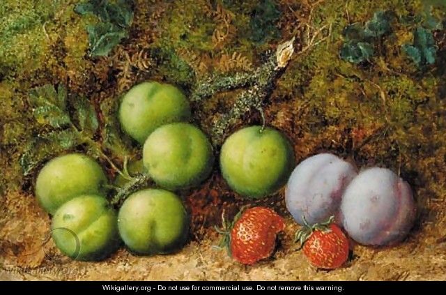 Plums and strawberries on mossy bank - George Clare