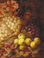 Apples, grapes, raspberries, and a wicker basket, on a mossy bank - George Clare