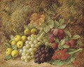 Apples, grapes, plums and strawberries on a mossy bank - George Clare