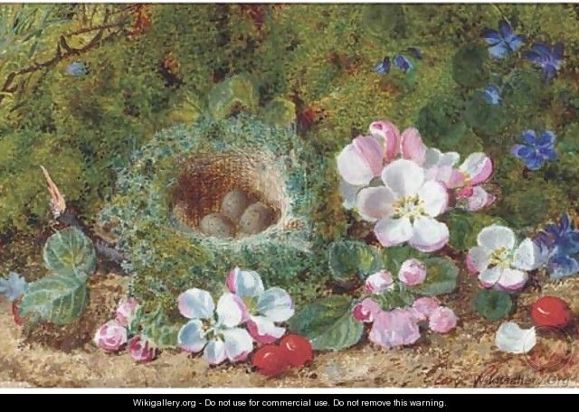 Apple blossom, berries and a bird