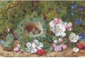 Apple blossom, berries and a bird's nest with eggs on a mossy bank - George Clare