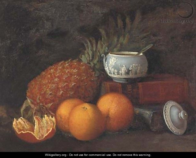 Still life of a pineapple, Wedgewood pot and oranges, with books to the side - George Harrison