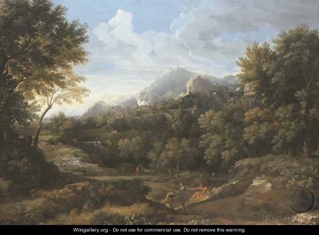 A wooded landscape with a village in flames and mountains beyond - Gaspard Dughet Poussin
