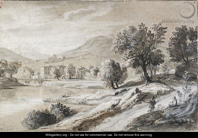 An extensive river landscape with travellers, mountains in the distance - Caspar Andriaans Van Wittel