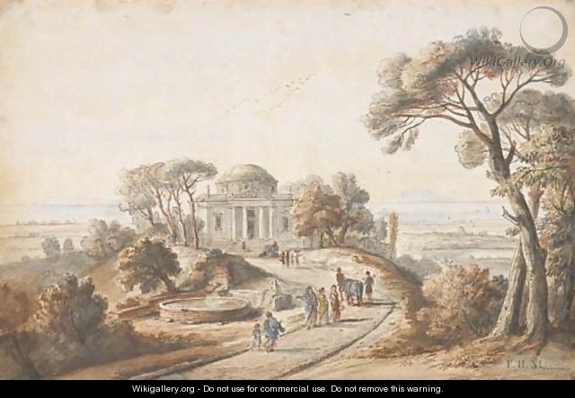 A landscape with figures walking towards a temple, the sea in the background - Caspar Andriaans Van Wittel
