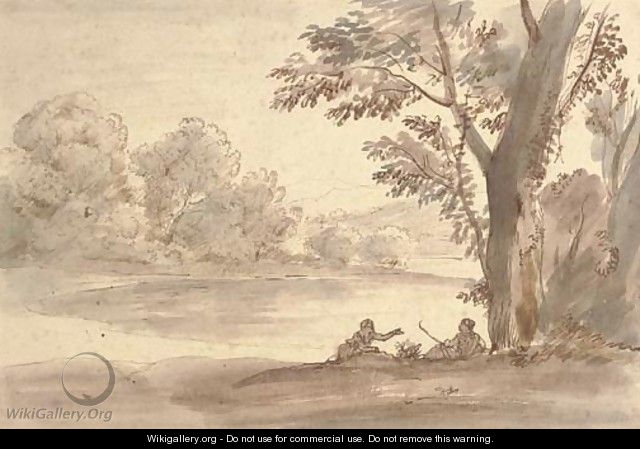 A lake on the edge of a wood with two figures by a tree - Caspar Andriaans Van Wittel