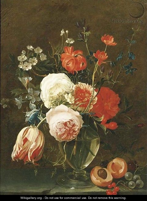A still life of flowers in a glass vase with fruit on a stone ledge 2 - Gaspar Thielens