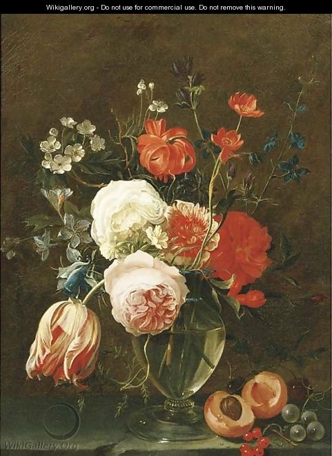 A still life of flowers in a glass vase with fruit on a stone ledge - Gaspar Thielens
