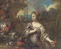 A portrait of a lady, three-quarter-length, with a flower in her left hand, a garland of flowers to her right and a classical landscape beyond - Gaspar-pieter The Younger Verbruggen