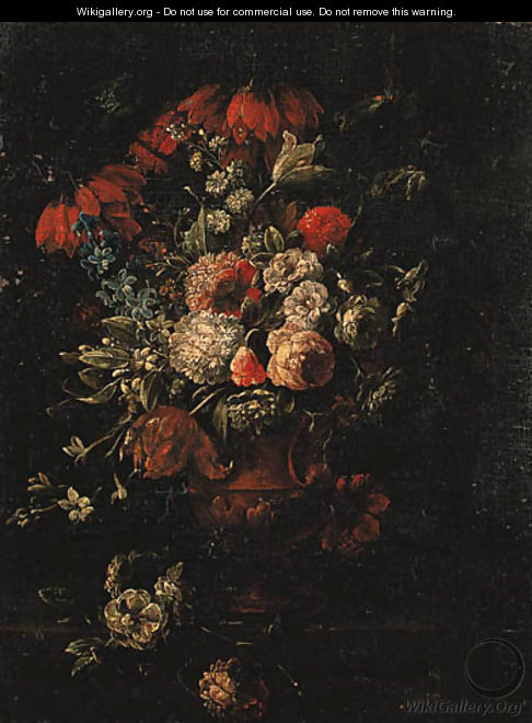 Roses, tulips, hyacinths and other flowers in a terracotta vase on a ledge - Gaspar Peeter The Elder Verbruggen