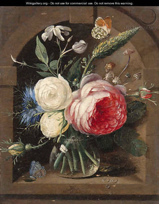 Roses, a cornflower and wildflowers in a vase with two butterflies in a niche - Gaspar Peeter The Elder Verbruggen