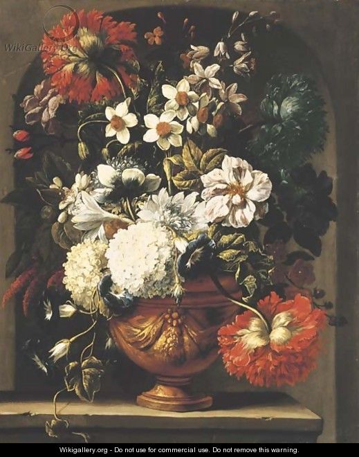 Peonies, roses, chrysanthemums, narcissi, morning glory and other flowers in an urn on a stone ledge - Gaspar Peeter The Elder Verbruggen