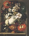 Peonies, roses, chrysanthemums, narcissi, morning glory and other flowers in an urn on a stone ledge - Gaspar Peeter The Elder Verbruggen