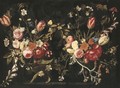 A garland of roses, tulips, cornflowers, foxgloves and other flowers against a stone cartouche - Gaspar Peeter The Elder Verbruggen