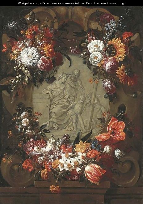 A garland of tulips, daffodils, carnations, sunflowers and other flowers around a stone cartouche with the Holy Family and the Infant Saint John - Gaspar Peeter The Elder Verbruggen