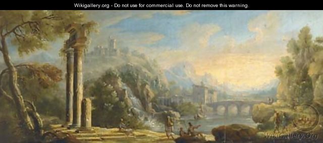 An Italianate river landscape with ruins and herdsmen on a path - Caspar Andriaans Van Wittel