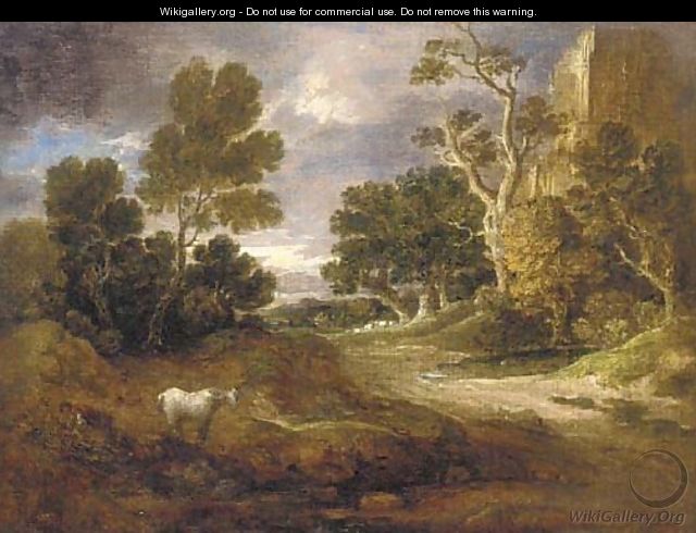 A wooded landscape with a ruined tower, woodcutter, horse and sheep - Gainsborough Dupont