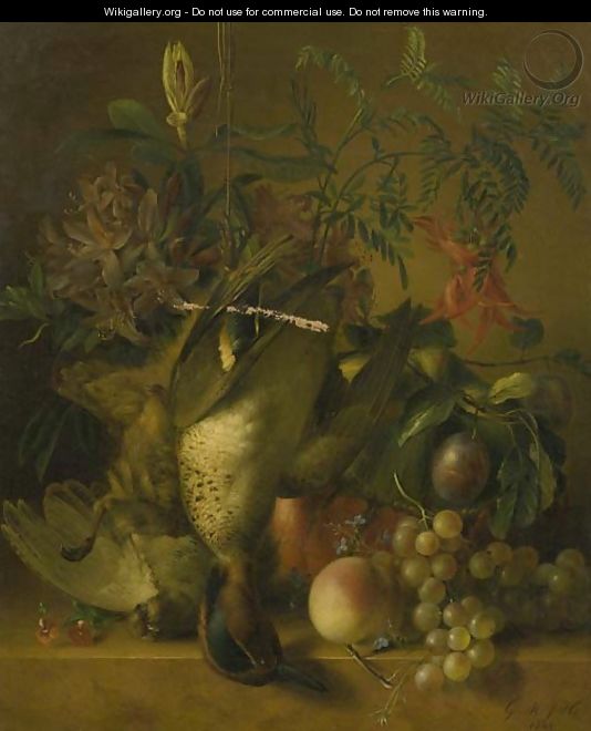 A still life with flowers, plums, peaches, grapes and birds - Geertruida Margaretha Jacoba Huidekoper