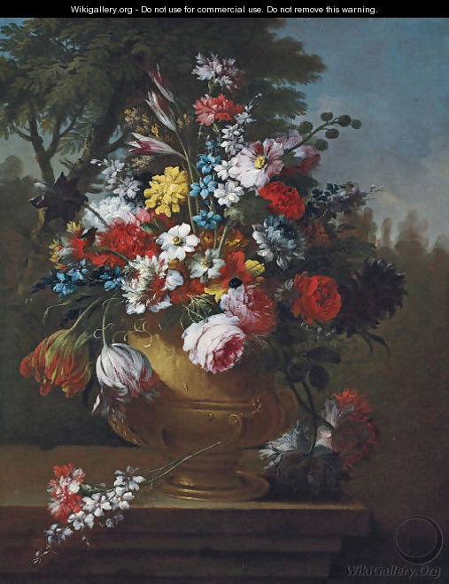 Roses, tulips, carnations, chrysanthemums and other flowers in a classical urn, on a ledge - Gasparo Lopez