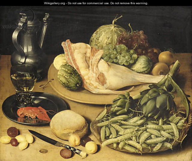Artichokes and peas in the pod in a basket, a joint of pork, grapes, onions and cucumbers on a platter, a roemer and a crayfish on a pewter dish - Georg Flegel