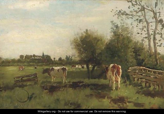 Cows in a meadow in spring, a church beyond - Geo Poggenbeek