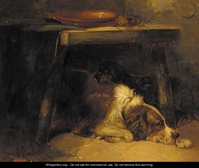 Setters resting under a table - George Armfield