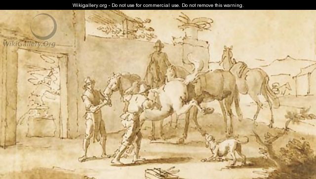 A blacksmiths yard with a kicking horse - Georg Philipp Rugendas I