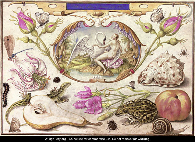 Leda and the Swan, surrounded by flora and fauna including a Stargazer Lily (Lilium 