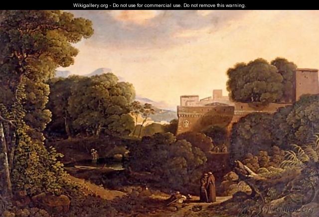 Monks before an abbey in a landscape - French School