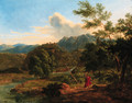 A classical landscape with a man fighting off a serpent - French School