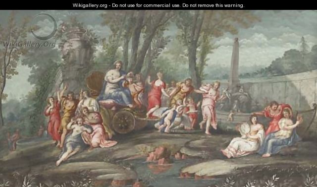Venus and Cupid in a chariot attended by nymphs and muses - French School