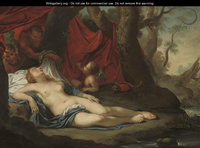 A wooded river landscape with two satyrs discovering the sleeping Diana with Cupid - French School