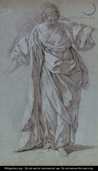 A woman in classical costume looking down to the right - French School