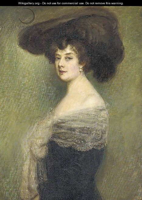 Portrait of a lady, half-length, in a black dress trimmed - French School