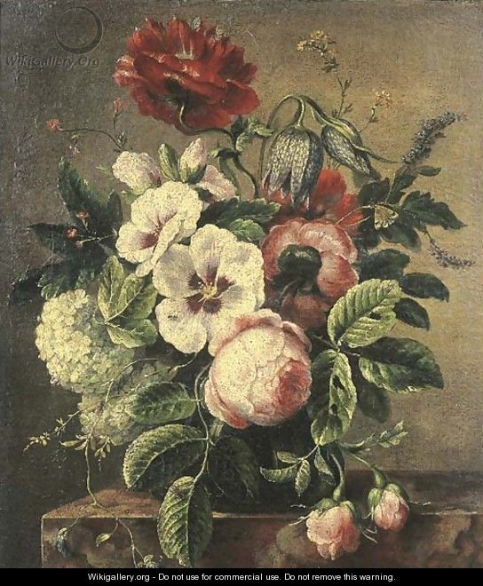 Roses and other flowers in a vase on a pedestal - French School