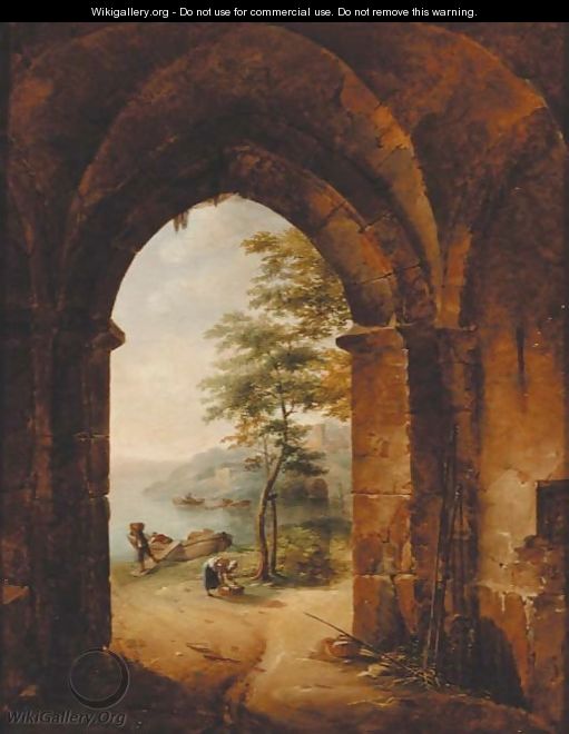 A Gothic archway with peasants unloading a boat in a river landscape - French School