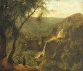 Monks standing on a wooded outcrop overlooking a rivervalley, a waterfall nearby - French School