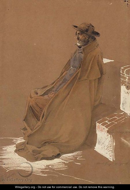 A Study of an elderly Gentleman, seated, wearing a full length Cape and Hat - Friedrich Bamberger