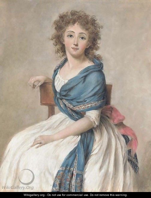 Portrait of a seated woman wearing a blue shawl - French School