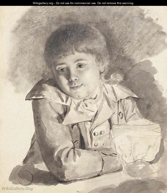 A seated boy holding a candle wrapped in paper - French School